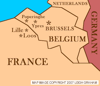 Map showing relative positions of Lille and Loos (France) and Poperinghe, Ypres and Brussels (Belgium)