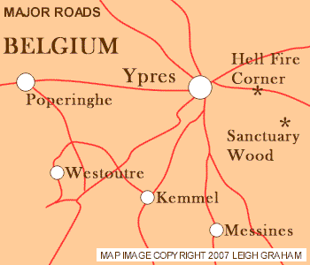 Map of the Ypres area (Belgium) showing Poperinghe, Hell Fire Corner, Sanctuary Wood, Westoutre, Kemmel and Messines.