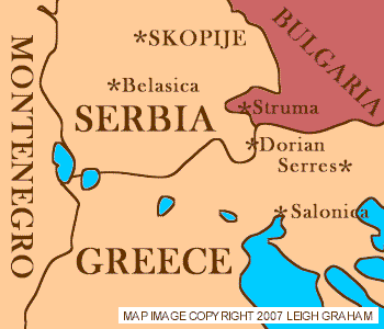 Map showing relative positions of Salonica and Serres (Greece) Dorian and Belasica (Serbia) and Struma (Bulgaria)