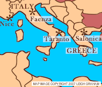 Map showing relative positions of Salonica (Greece) Taranto and Faenza (Italy) and Nice (France)