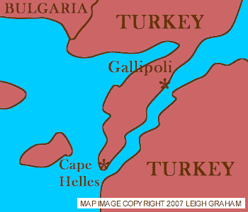 Map showing relative positions of Gallipoli and Cape Helles (Turkey)